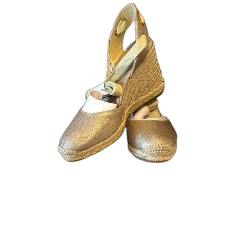 NIB FRIEND 2.0 ANKLE WRAP ESPADRILLE WEDGE SANDALS Gold Metalic size 9.5